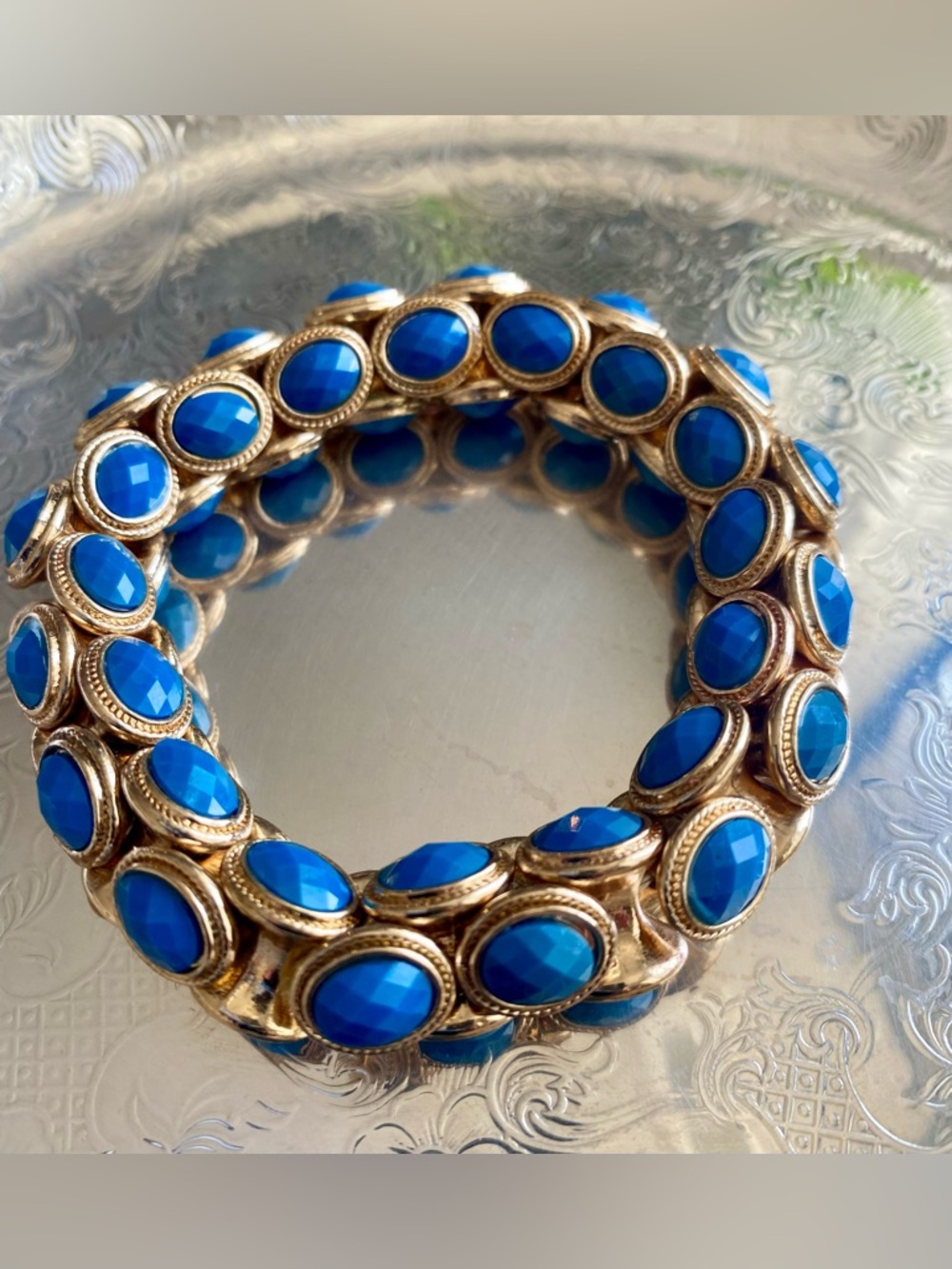 Y2K Gold Tone Stretch Bracelet with Faceted Blue Glass Stones Paris 2015